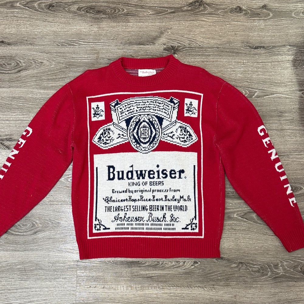 RARE Budweiser Red Crewneck Sweater with White and Navy Logo